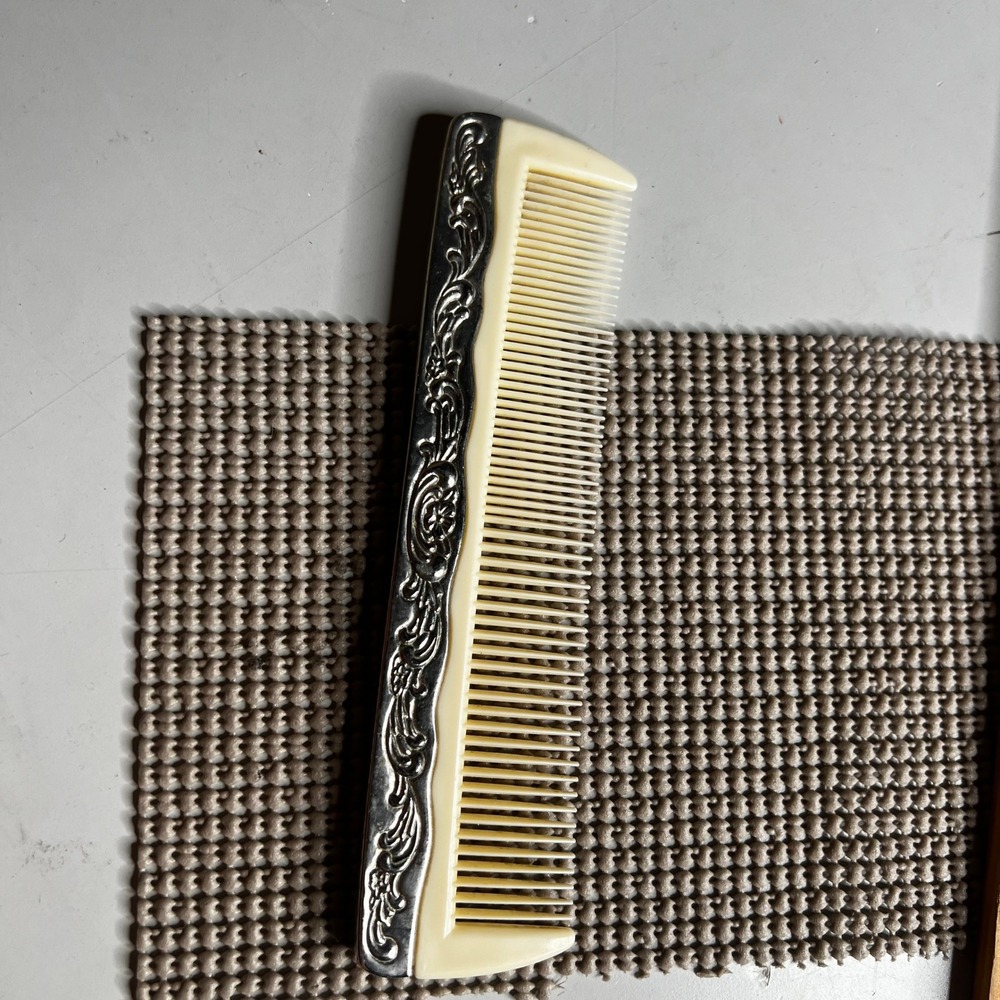 Vintage Silver Tone Embossed Floral Scroll Hair Comb Cream Celluloid Style 7.25"